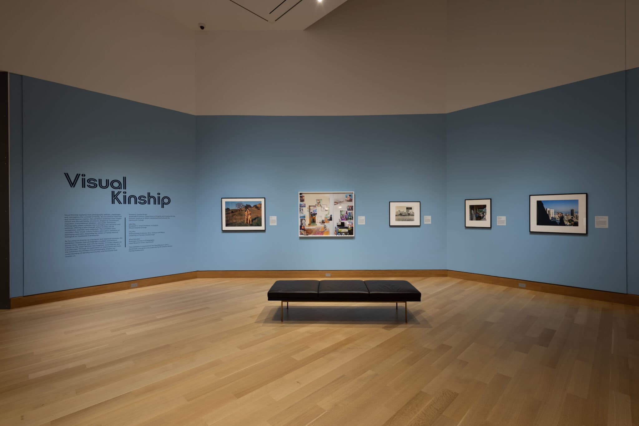 Five photographs hang on a blue wall with text that reads "Visual Kinship."