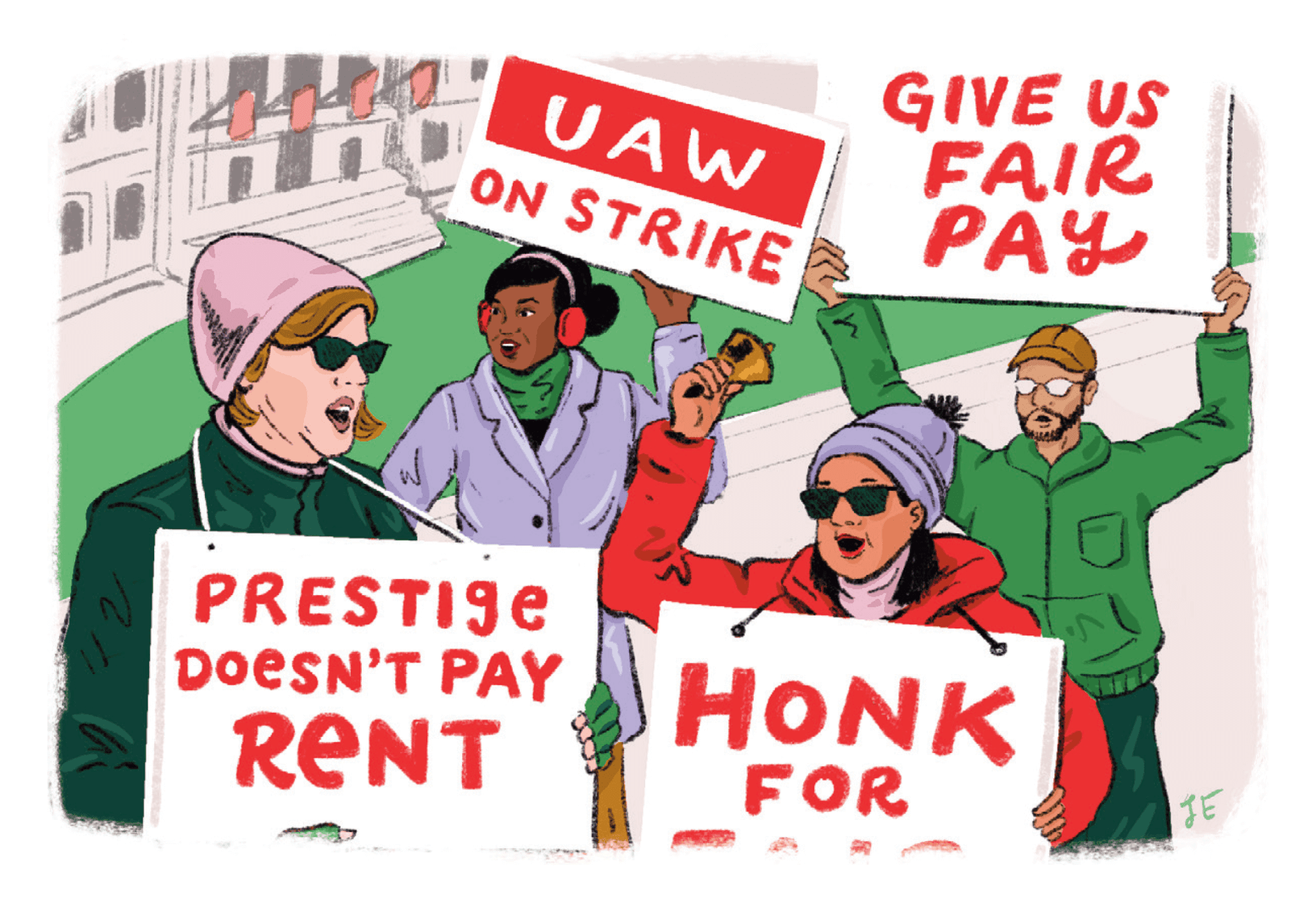 Workers on strike congregating and carrying bold signs.